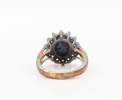 925 Sterling Silver Vintage Ring Gold Plated Blue Gemstone & CZ  Sz 8  RG30427