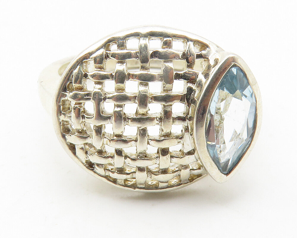 925 Sterling Silver  Marquise Blue Topaz Basket Weave Band Ring Sz 7  RG11815