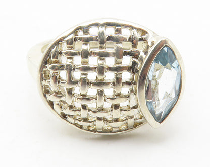 925 Sterling Silver  Marquise Blue Topaz Basket Weave Band Ring Sz 7  RG11815