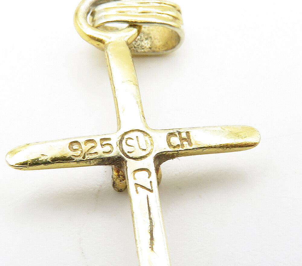 925 Sterling Silver   Topaz Gold Plated Religious Cross Pendant  PT12766