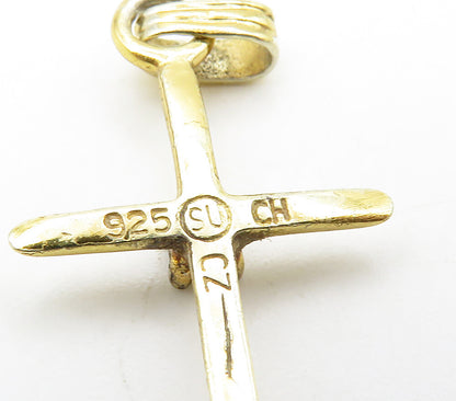 925 Sterling Silver   Topaz Gold Plated Religious Cross Pendant  PT12766