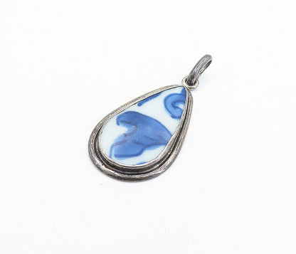 925 Sterling Silver  Vintage Enamel Floral Art Tear Drop Pendant  PT4045