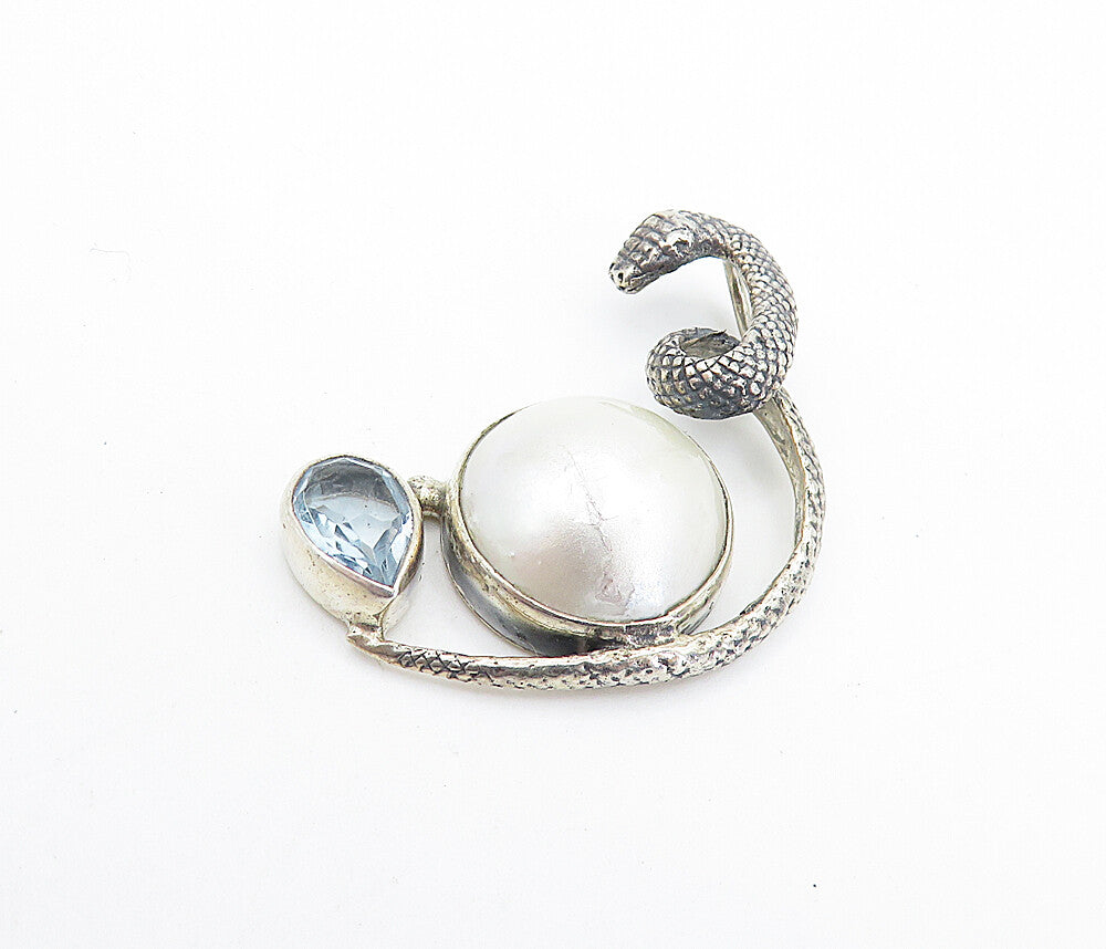 925 Sterling Silver Vintage Pearl Dome & Blue Topaz Snake Pendant PT5775