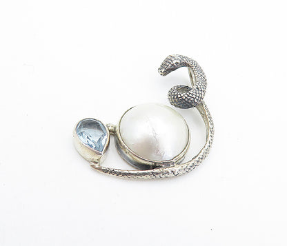925 Sterling Silver Vintage Pearl Dome & Blue Topaz Snake Pendant PT5775