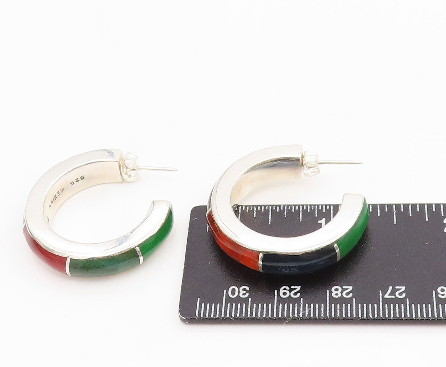 925 Sterling Silver Vintage Earrings MEXICO Multi Gemstone Inlay Hoops  EG13956
