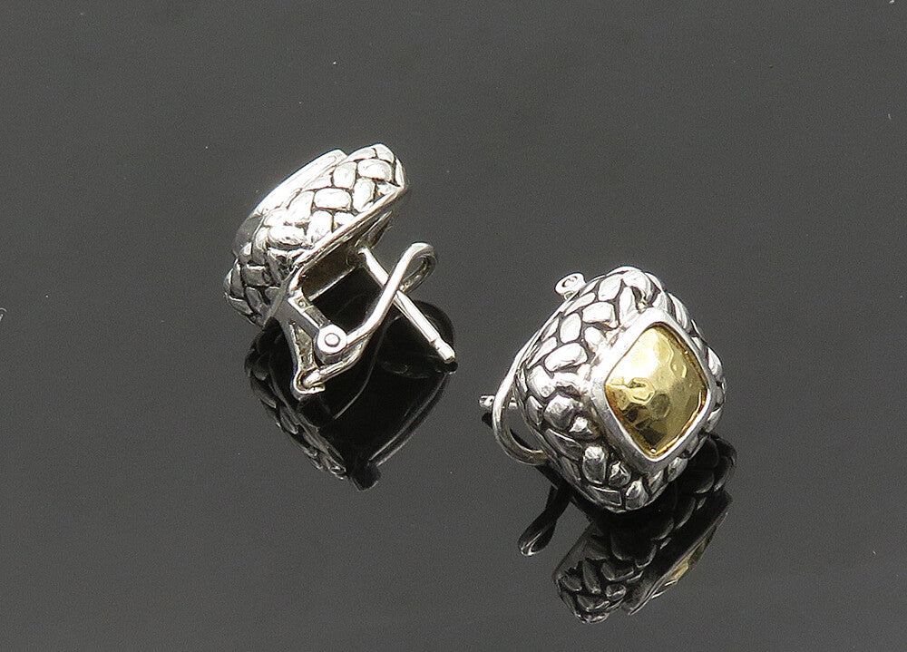 925 Silver & 14K GOLD  Vintage 2 Tone Cobble Pattern Drop Earrings  EG9885