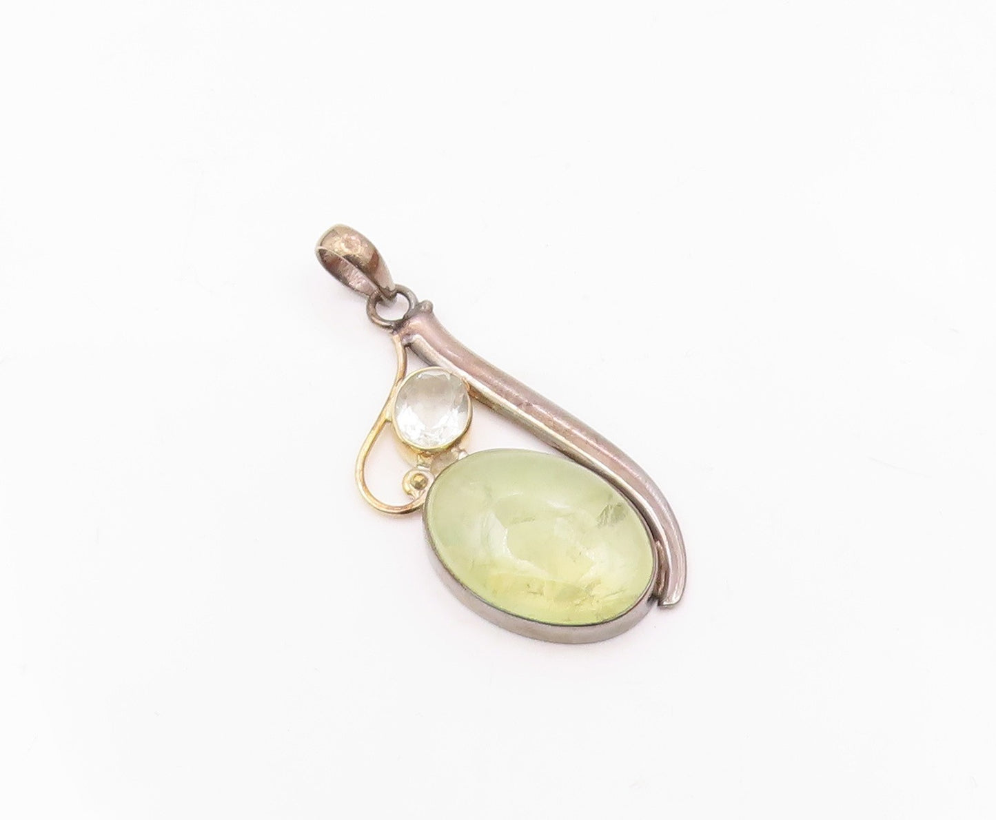 925 Sterling Silver  Vintage Cabochon Prasiolite & Topaz Pendant  PT18839