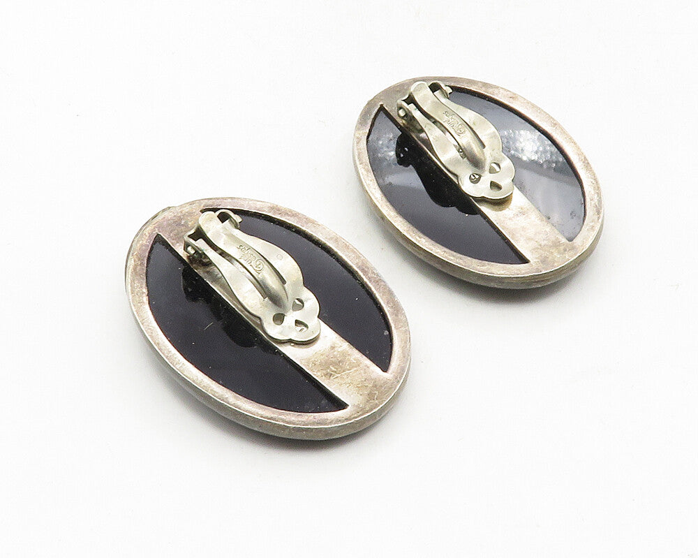 TURE MEXICO 925 Sterling Silver  Vintage Black Onyx Non Pierce Earrings EG5075
