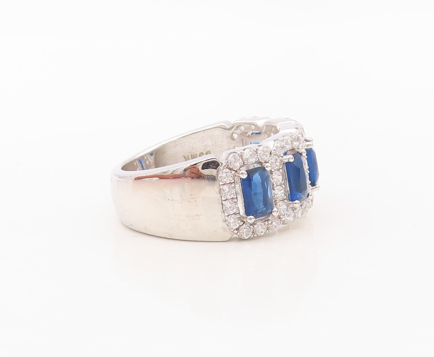 925 Sterling Silver Vintage Ring Rectangle Cut Sapphire Halo CZ  Sz 7.5  RG30237