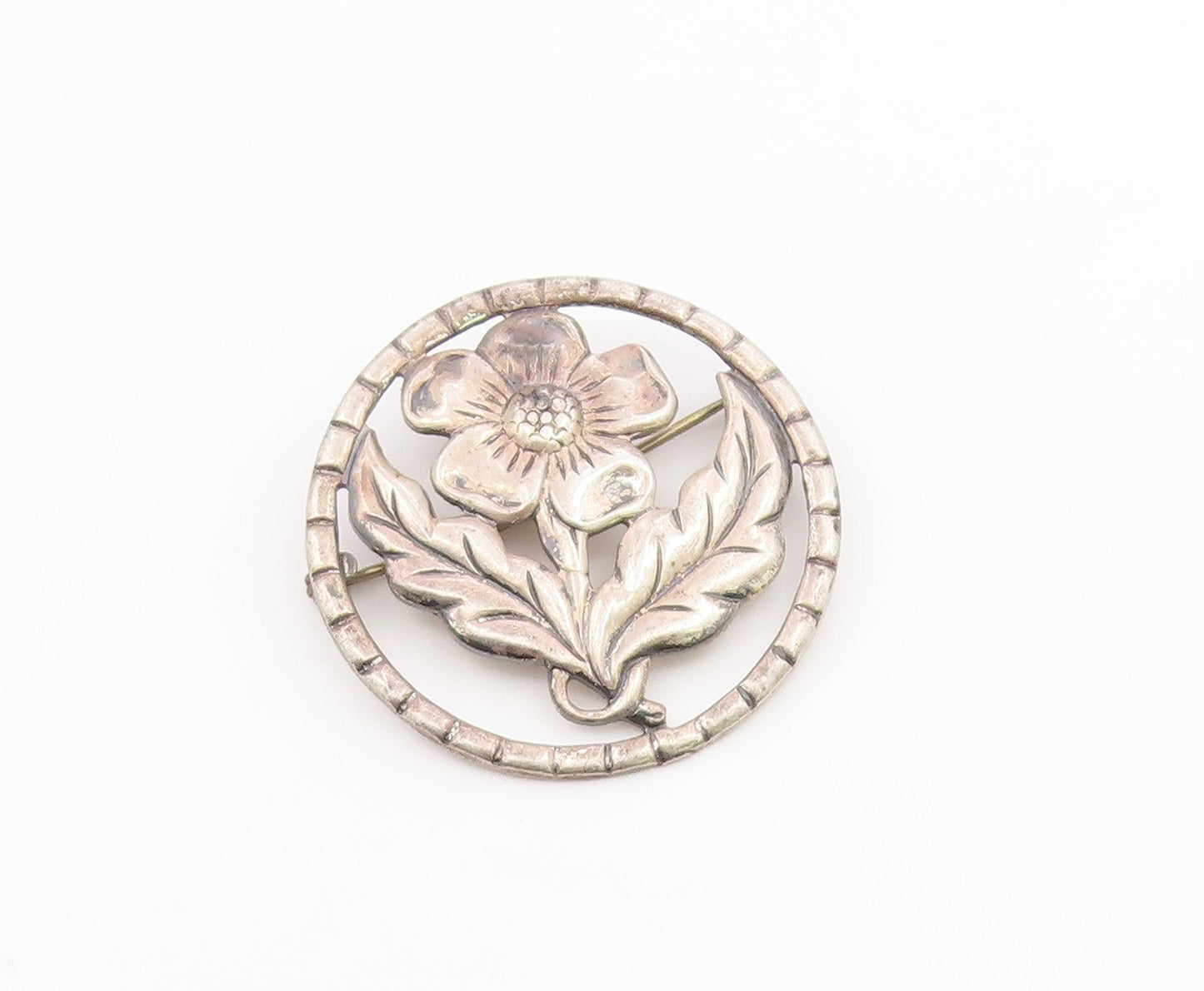925 Sterling Silver  Vintage Single Flower Motif Round Brooch Pin  BP3785
