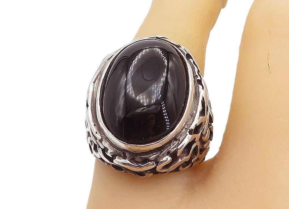 925 Sterling Silver  Vintage Black Onyx Chiseled Cocktail Ring Sz 7  RG8285