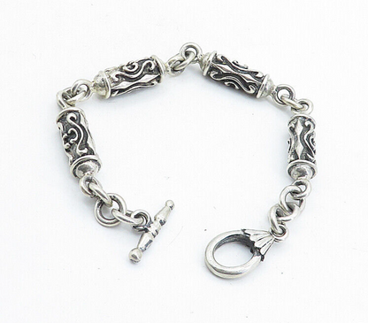 925 Sterling Silver  Vintage Swirl Detailed Bar Link Chain Bracelet  BT1979