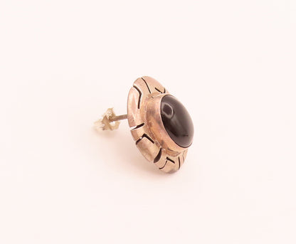 MEXICO 925 Sterling Silver Vintage Onyx Cutout Carved Oval Earrings EG12476