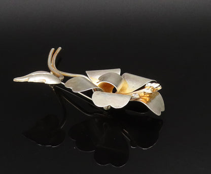 925 Silver  Vintage Two Tone Cubic Zirconia Stem Flower Brooch Pin  BP9914