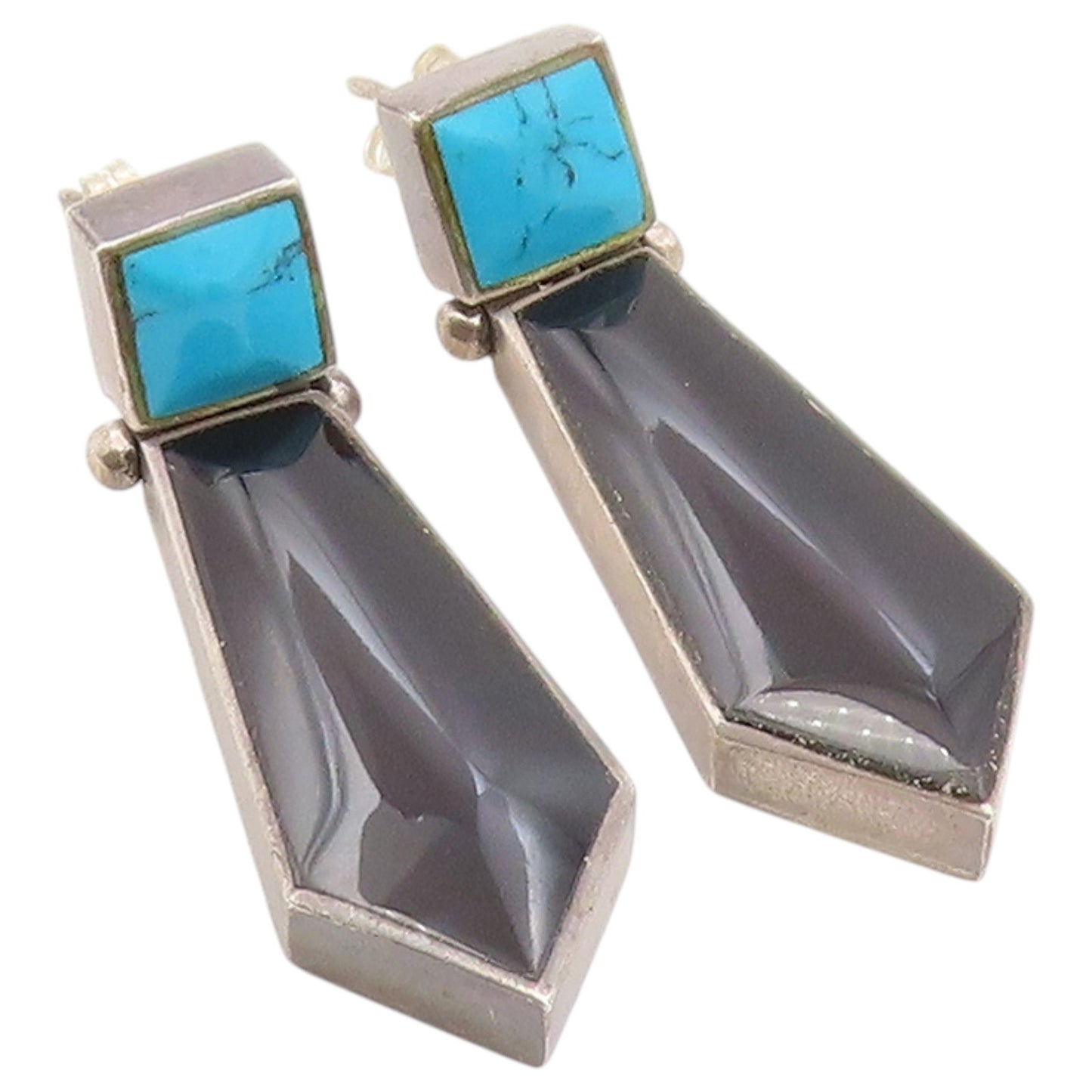 925 Sterling Silver Vintage Earrings Turquoise & Onyx Geometric Drop  EG14498