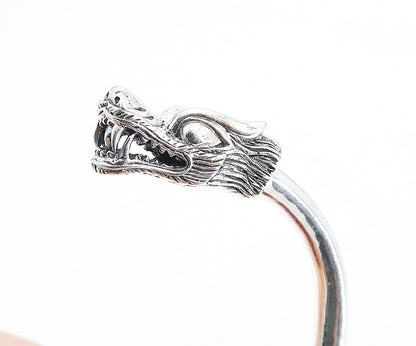 925 Sterling Silver  Vintage Shiny Sculpted Dragon Head Cuff Bracelet  BT2498