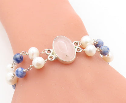 925 Sterling Silver  Rose Quartz & Freshwater Pearls Chain Bracelet  BT1165