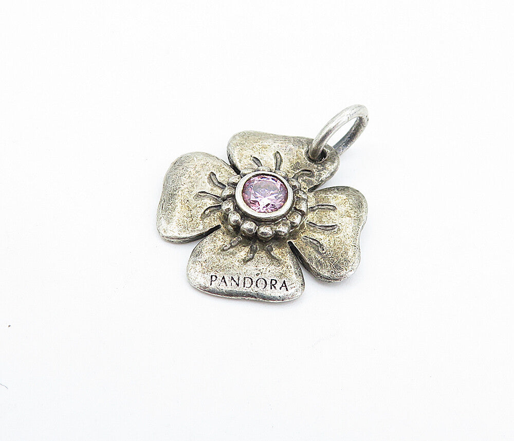 PANDORA 925 Sterling Silver  Vintage Pink Topaz Flower Motif Pendant  PT4199