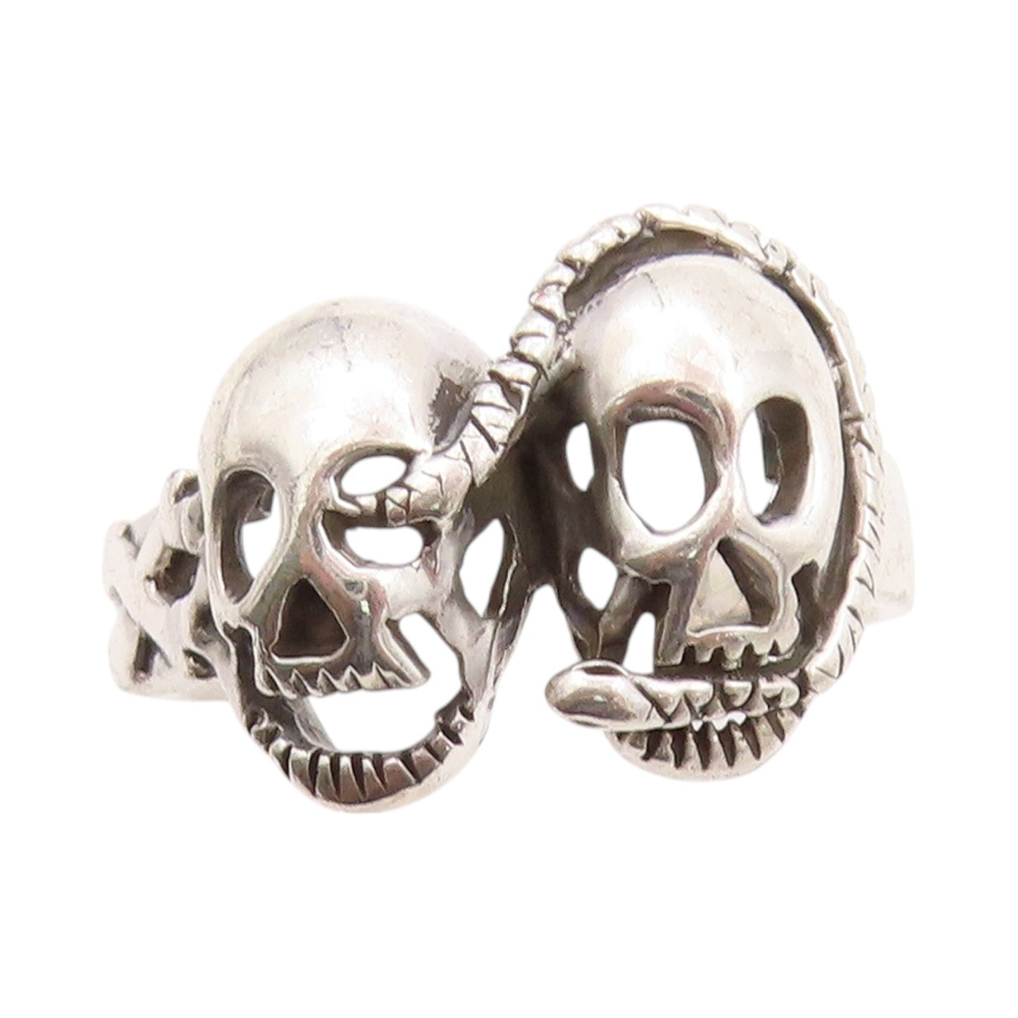 925 Sterling Silver Vintage Ring Two Skulls & Snake Biker Band  Sz 9  RG32403