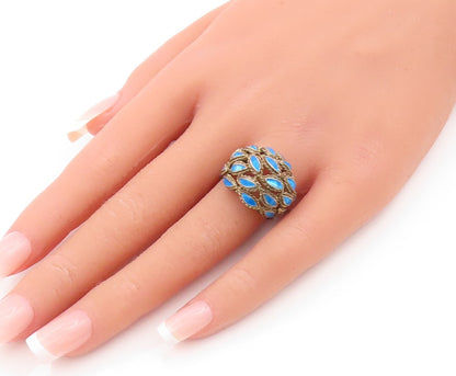 925 Sterling Silver Vintage Ring ESPO Domed Enameled Cutout Leaves Sz 8  RG31757