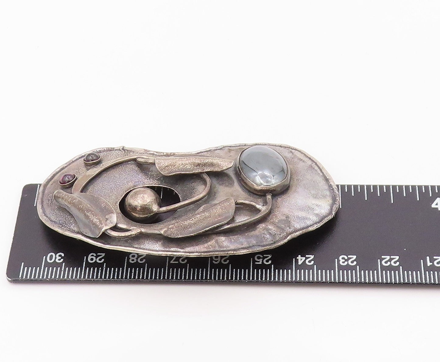 925 Sterling Silver Vintage Brooch Pin Hematite & Garnet Abstract Leaf   BP12581