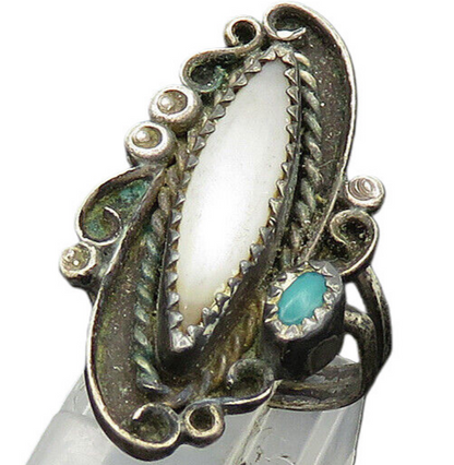 NAVAJO 925 Silver  Vintage Mother Of Pearl & Turquoise Ring Sz 6  RG20068