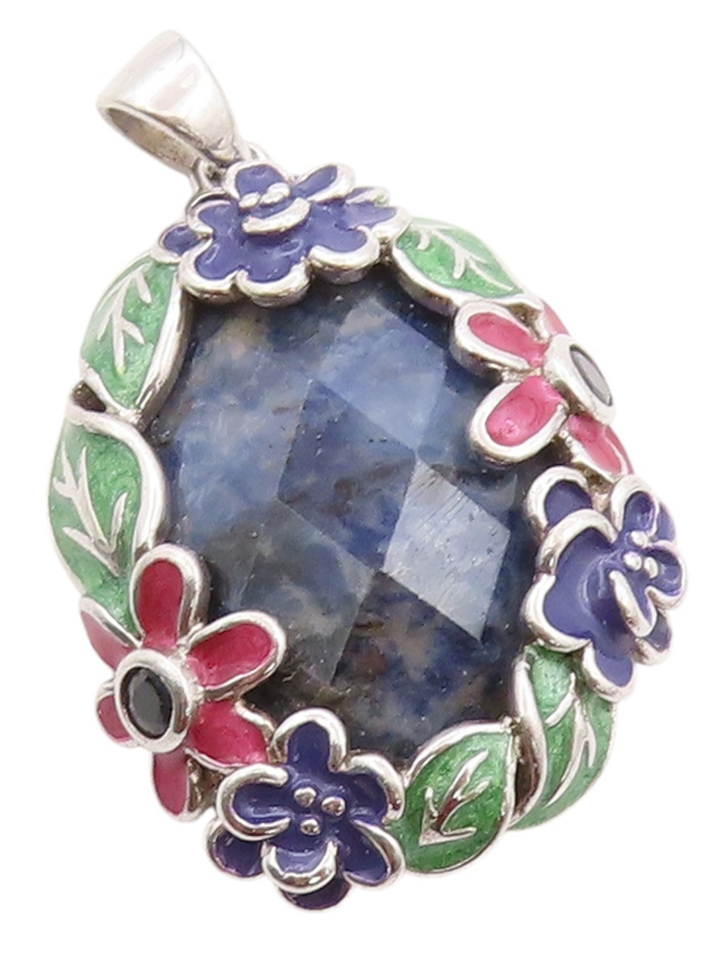 925 Sterling Silver Vintage Pendant Oval Gemstone Halo Enameled Flowers  PT24157