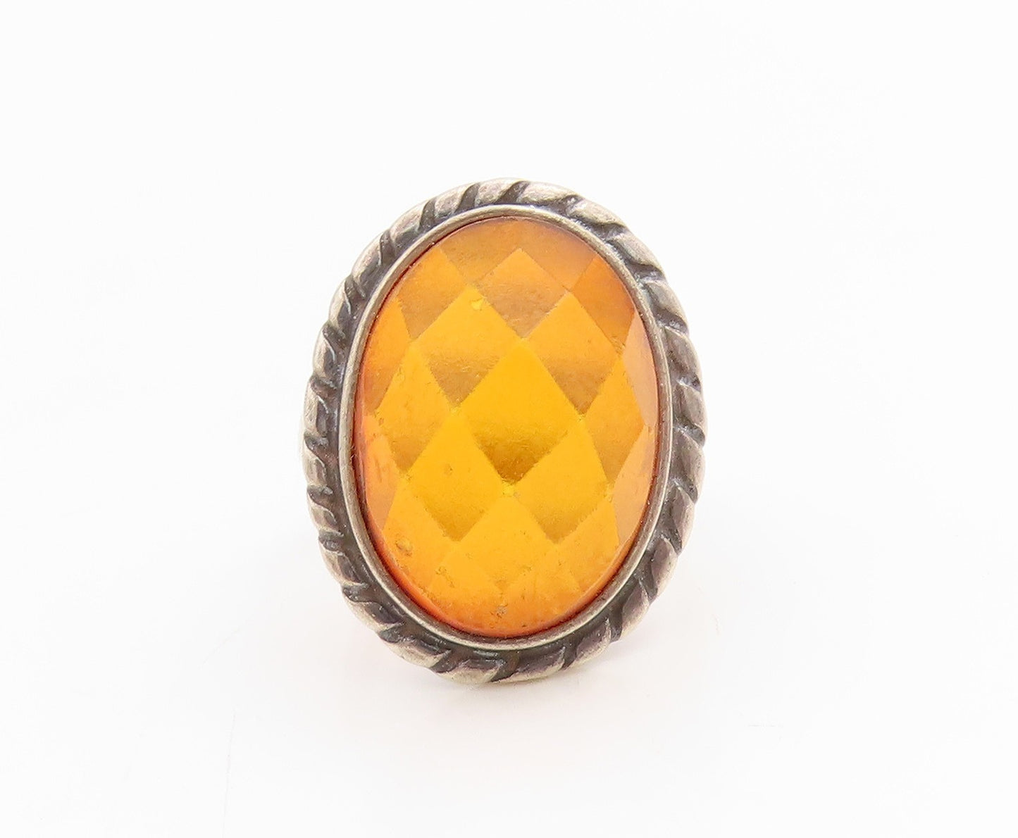 925 Sterling Silver Vintage Ring POLAND Faceted Amber Rope Border  Sz 6  RG34771
