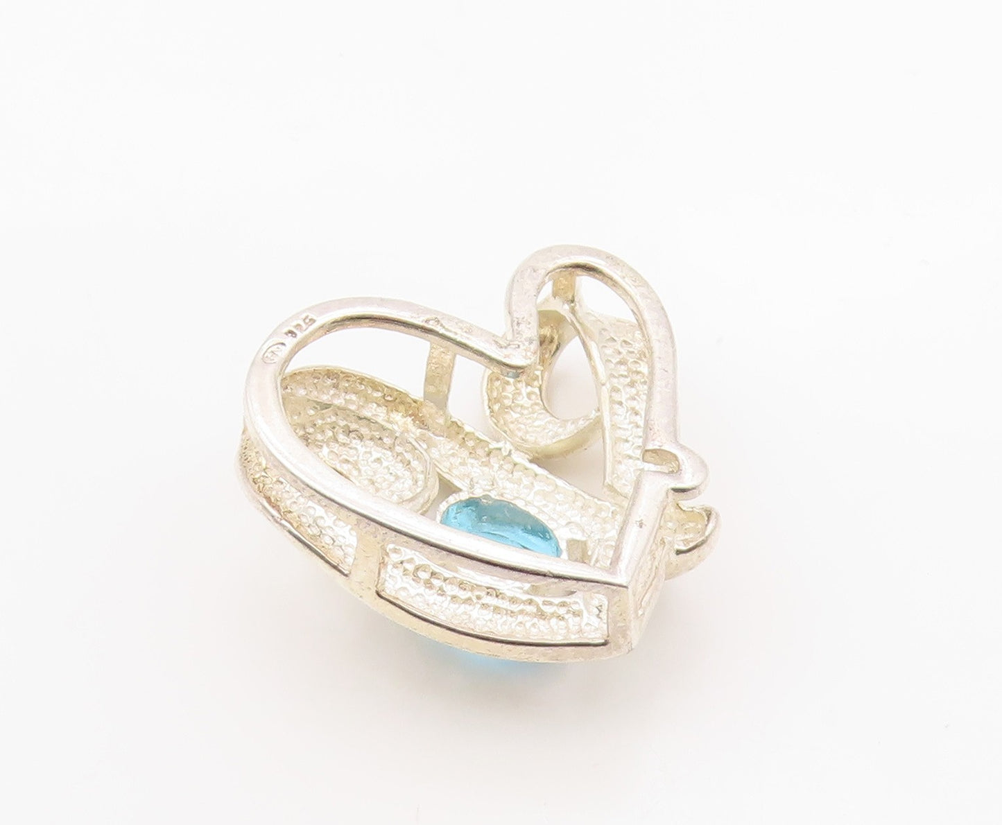925 Sterling Silver Vintage Pendant Modernist Blue Topaz Love Heart  PT26329