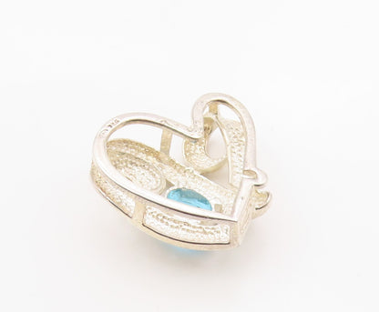 925 Sterling Silver Vintage Pendant Modernist Blue Topaz Love Heart  PT26329
