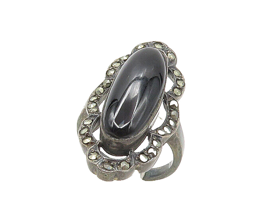 925 Silver  Vintage Victorian Onyx & Marcasite Cocktail Ring Sz 6  RG17081