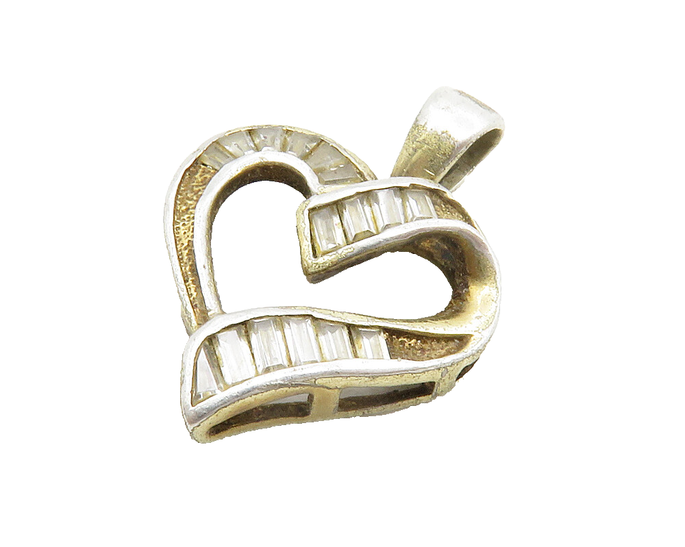 925 Sterling Silver  Vintage White Topaz Open Love Heart Pendant  PT10550