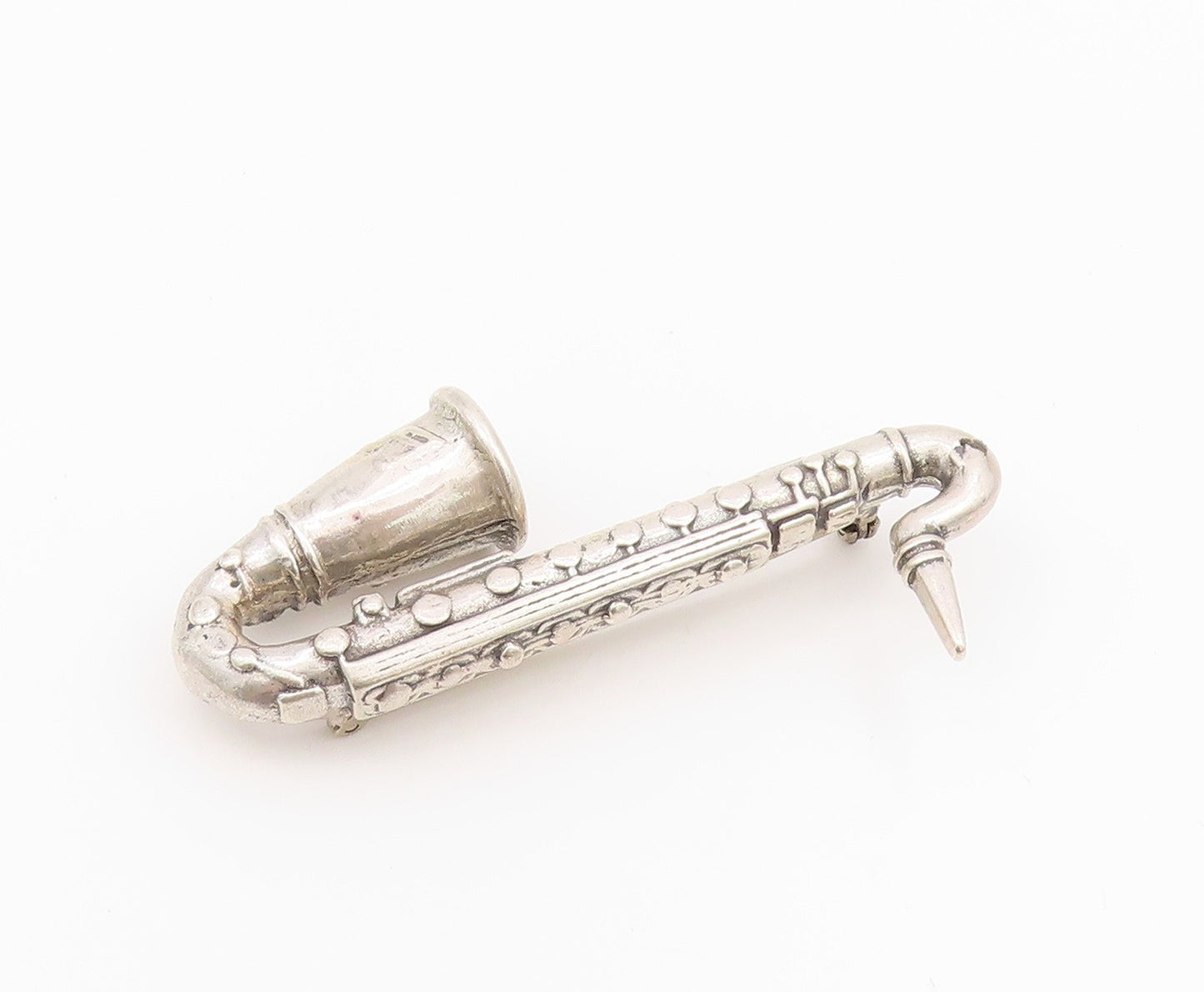 925 Sterling Silver Vintage Brooch 3D Carved Heavy Saxophone   BP11694