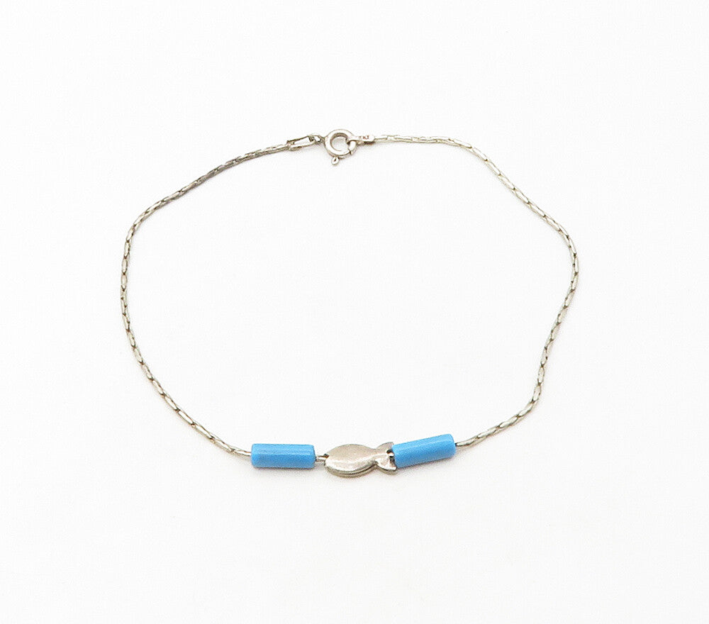 925 Sterling Silver  Vintage Turquoise Barrel Bead Fish Chain Bracelet  BT6567