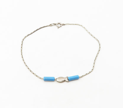 925 Sterling Silver  Vintage Turquoise Barrel Bead Fish Chain Bracelet  BT6567