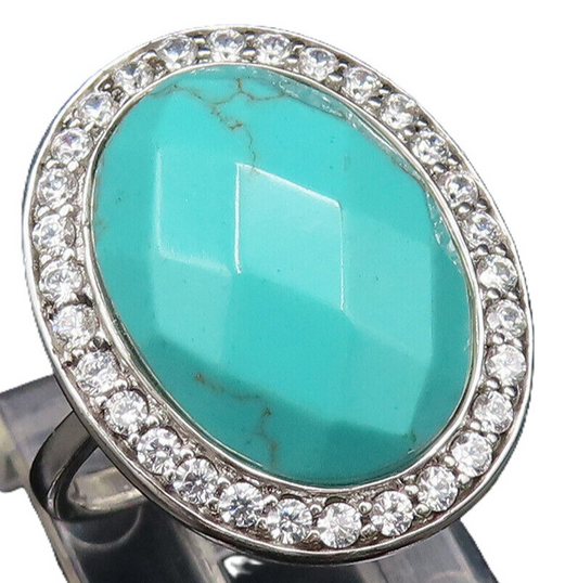 925 Sterling Silver  Vintage Faceted Turquoise & Topaz Halo Ring Sz 7  RG25937
