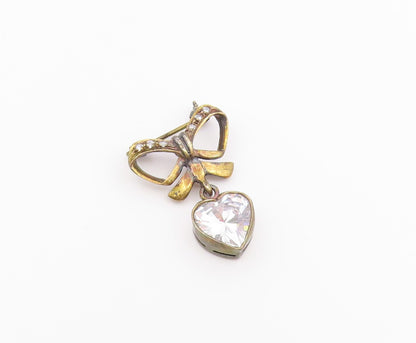 925 Silver  Vintage Cubic Zirconia Bow Tie & Love Heart Brooch Pin  BP9575