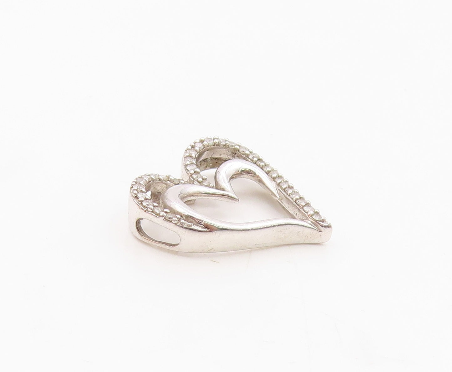 925 Sterling Silver  Vintage Genuine Diamonds Open Love Heart Pendant  PT16261