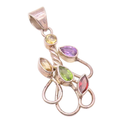 925 Silver  Vintage Garnet Amethyst Peridot & Citrine Floral Pendant  PT16608