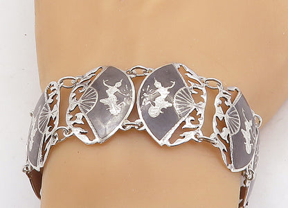 SIAM 925 Sterling Silver  Vintage Niello Dancer Hand Fan Chain Bracelet BT2181