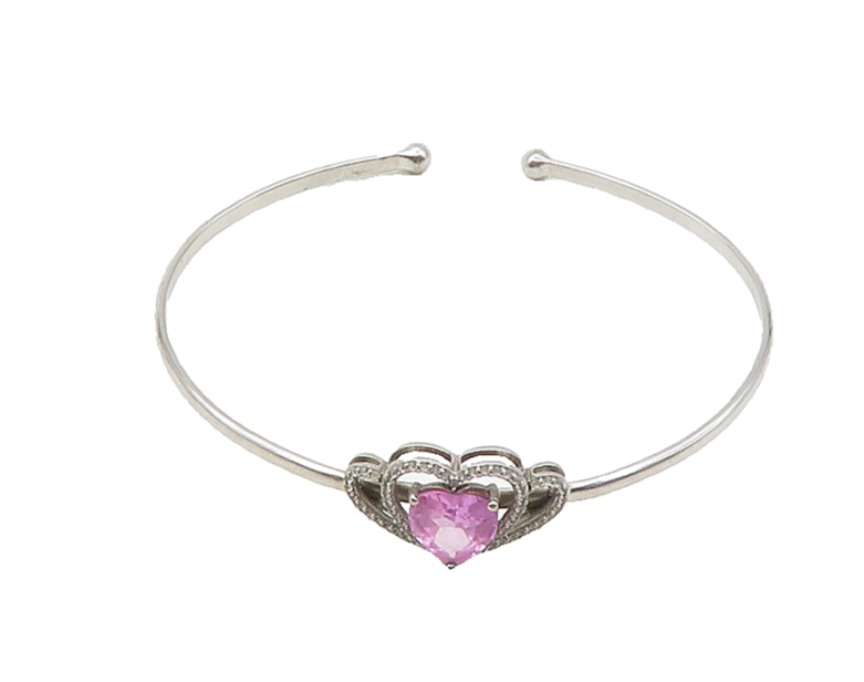 925 Silver  Vintage Genuine Diamonds & Pink Topaz Heart Cuff Bracelet  BT8541