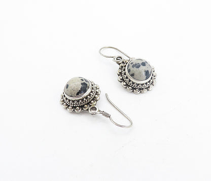 925 Sterling Silver  Vintage Cabochon Cut Spotted Jasper Drop Earrings  EG3436
