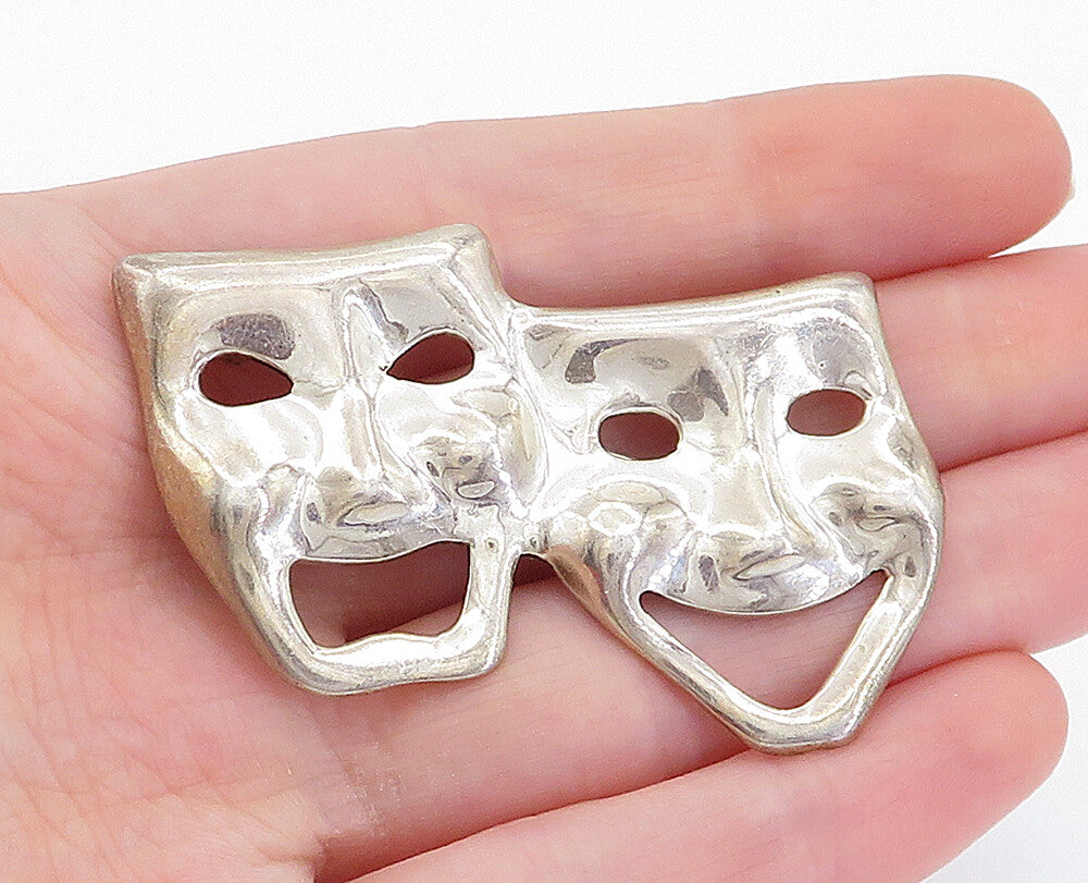 925 Sterling Silver  Vintage Shiny Dramatic Theater Masks Brooch Pin  BP1871
