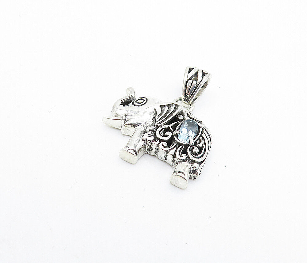 925 Sterling Silver  Vintage Blue Topaz Petite Swirl Elephant Pendant  PT5801