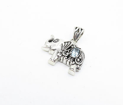 925 Sterling Silver  Vintage Blue Topaz Petite Swirl Elephant Pendant  PT5801