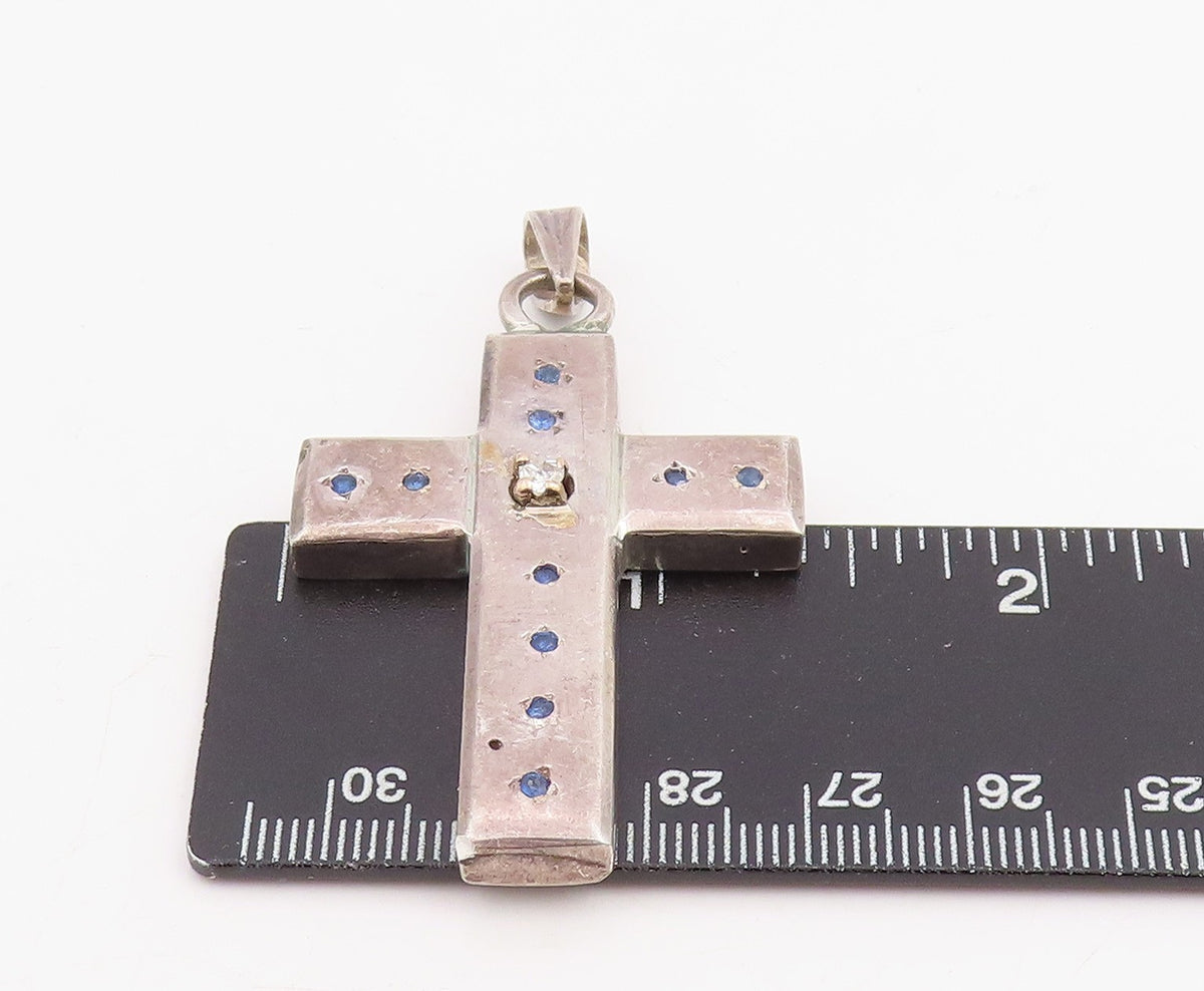 925 Sterling Silver Vintage Pendant Real Diamond & Sapphire Holy Cross  PT25878