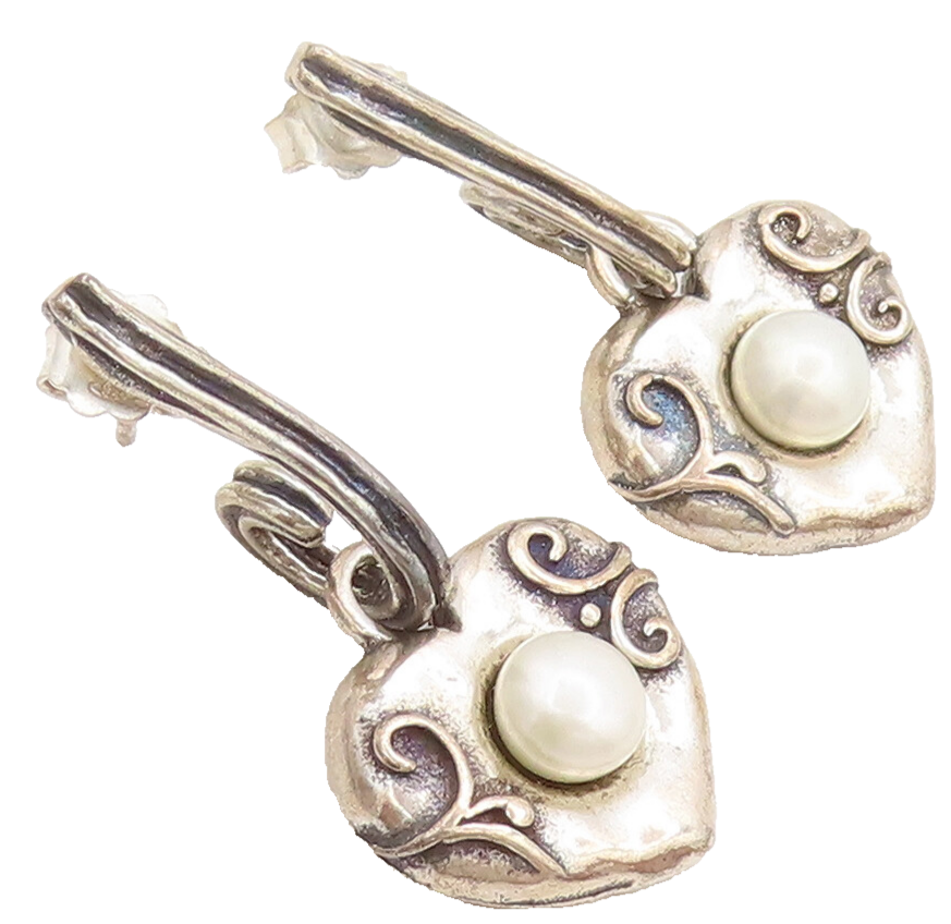 SHABLOOL ISRAEL 925 Silver  Vintage Solid Hear Carved Pearl Earrings  EG12539