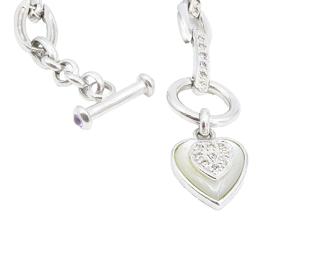 JENNA NICOLE 925 Silver  Mother Of Pearl & Topaz Heart Chain Bracelet  BT3485