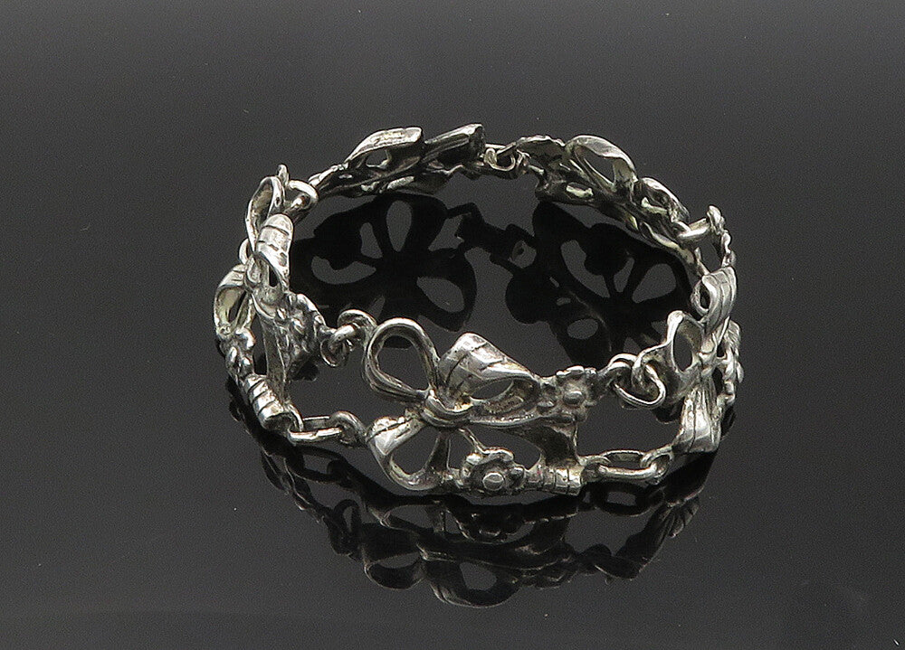 925 Sterling Silver  Vintage Floral Bow Tied Ribbon Chain Bracelet  BT8333