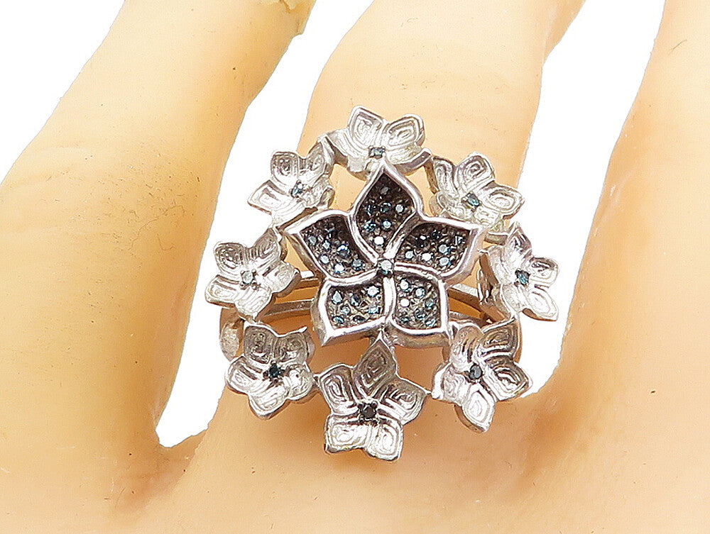 925 Sterling Silver  Vintage Genuine Blue Diamonds Cocktail Ring Sz 9  RG4287